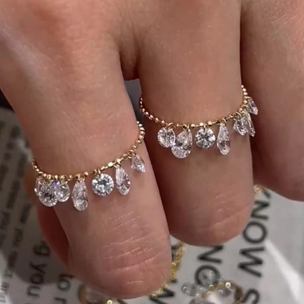 Pull Bead Chain Tassel Ring Water Drop Shape Chain Ring Elegant Charm Ring Women