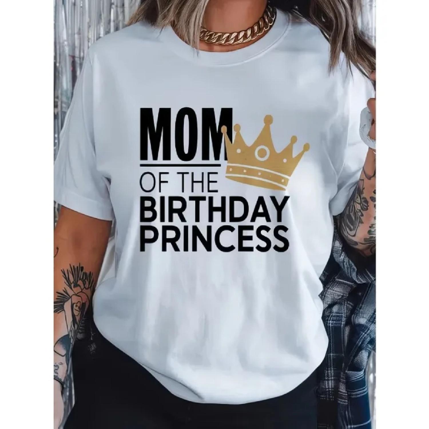 

Ladies _Birthday Princess Mom_ Pattern Printed T-shirt Casual Round Neck Plus Size Women s Fashion Loose Short Sleeve T-shirt XXXXXL білий
