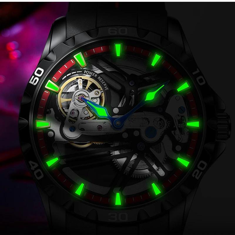 AILANG Luxury Brand Sport Waterproof Automatic Mechanical Watches Luminous Skeleton Stainless Steel Case MOTORCYCLE DESIGN