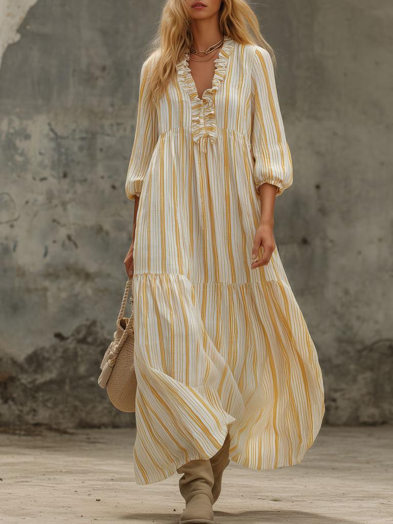 European and American spring and autumn new V-neck pleated striped loose casual dress women