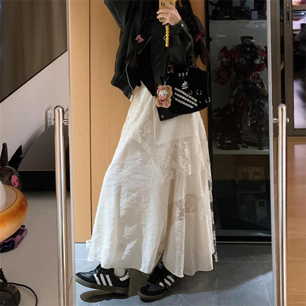Women's Apricot Lace Patchwork High-Waist Mid-Length Skirt, Plus Size, Irregular Hem, Slimming Autumn Style