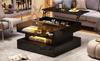 80*80*45cm Height-Adjustable Coffee Table with Hidden Storage and 2 Drawers, LED Lights, High-Gloss, Made of Tempered Glass, Black