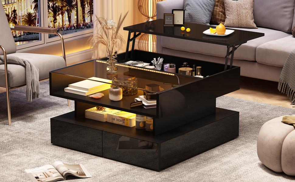 80*80*45cm Height-Adjustable Coffee Table with Hidden Storage and 2 Drawers, LED Lights, High-Gloss, Made of Tempered Glass, Black