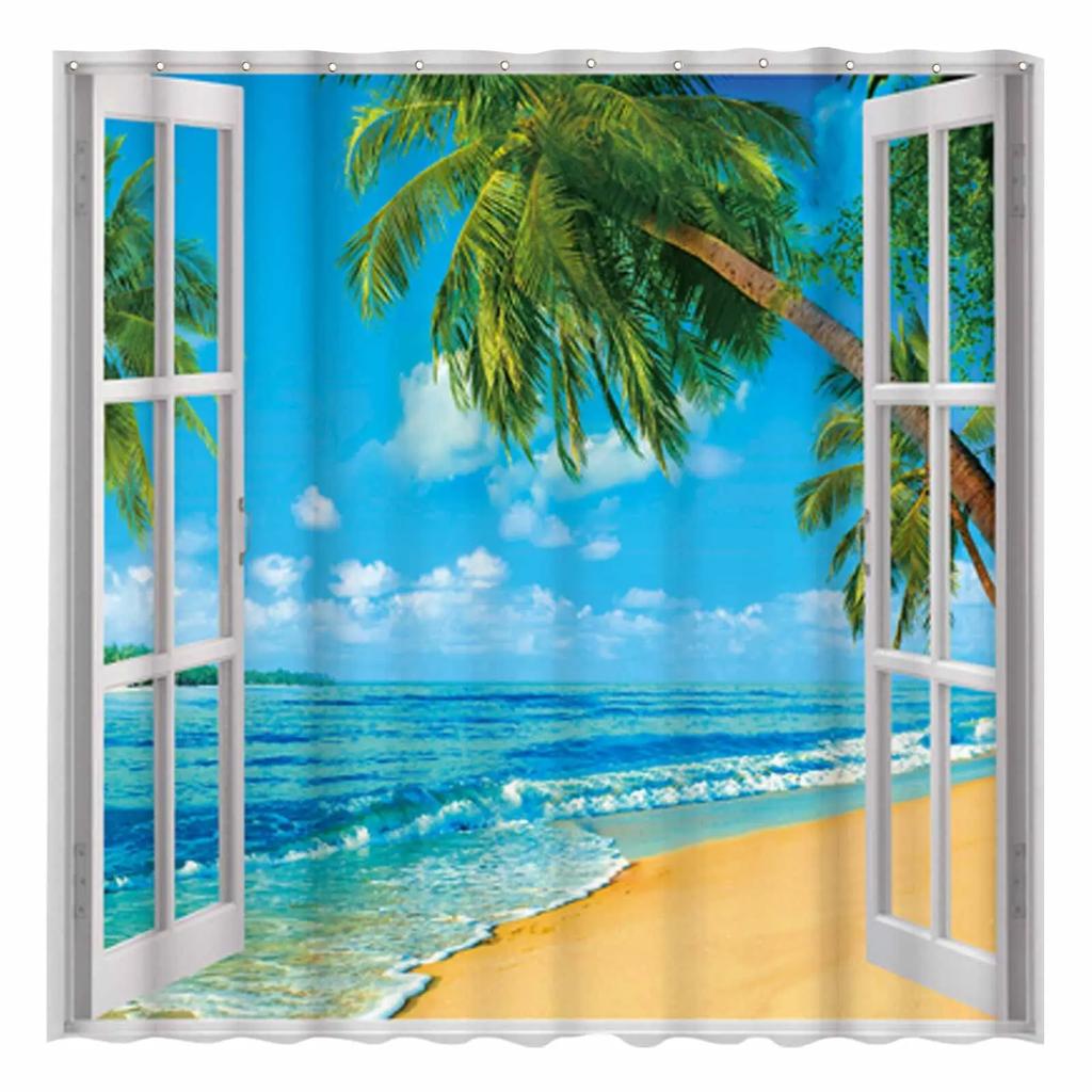 Tropical Palm Trees On Island Ocean Beach Through White Wooden Windows Shower Curtain Waterproof Fabric Bathroom Decor With Hook