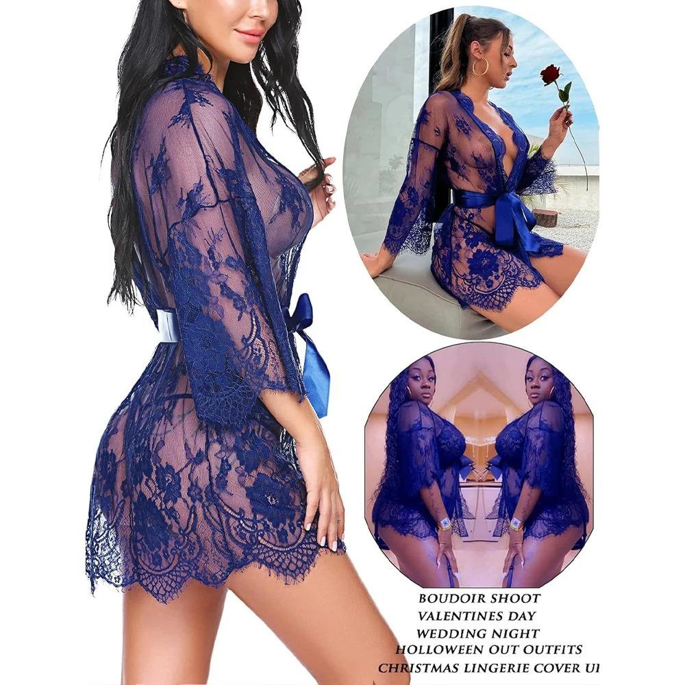 New Sexy Lace Transparent Ruffles Robe Women Lingerie See-Through Babydolls Underwear Sleepwear Night Dress Erotic Sex Clothes
