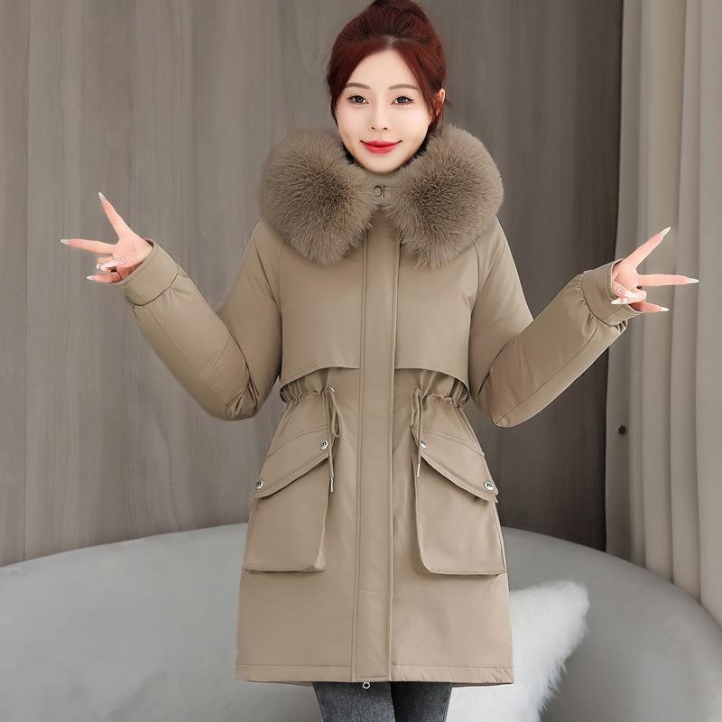 

Winter girl medium and long pie overcomes the new big fur collar thickened padded jacket hooded warm padded jacket M хакі