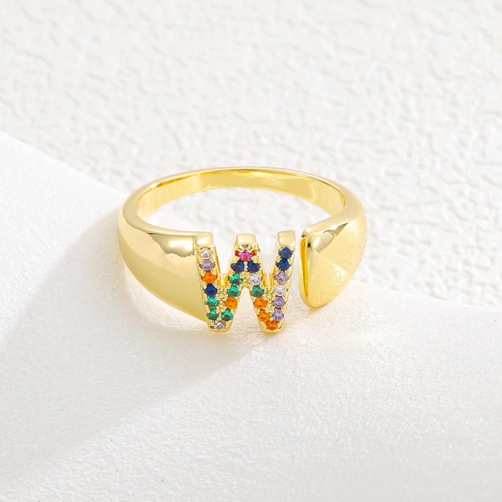 Fashionable Colorful Zircon Alphabet Adjustable Retro Ring