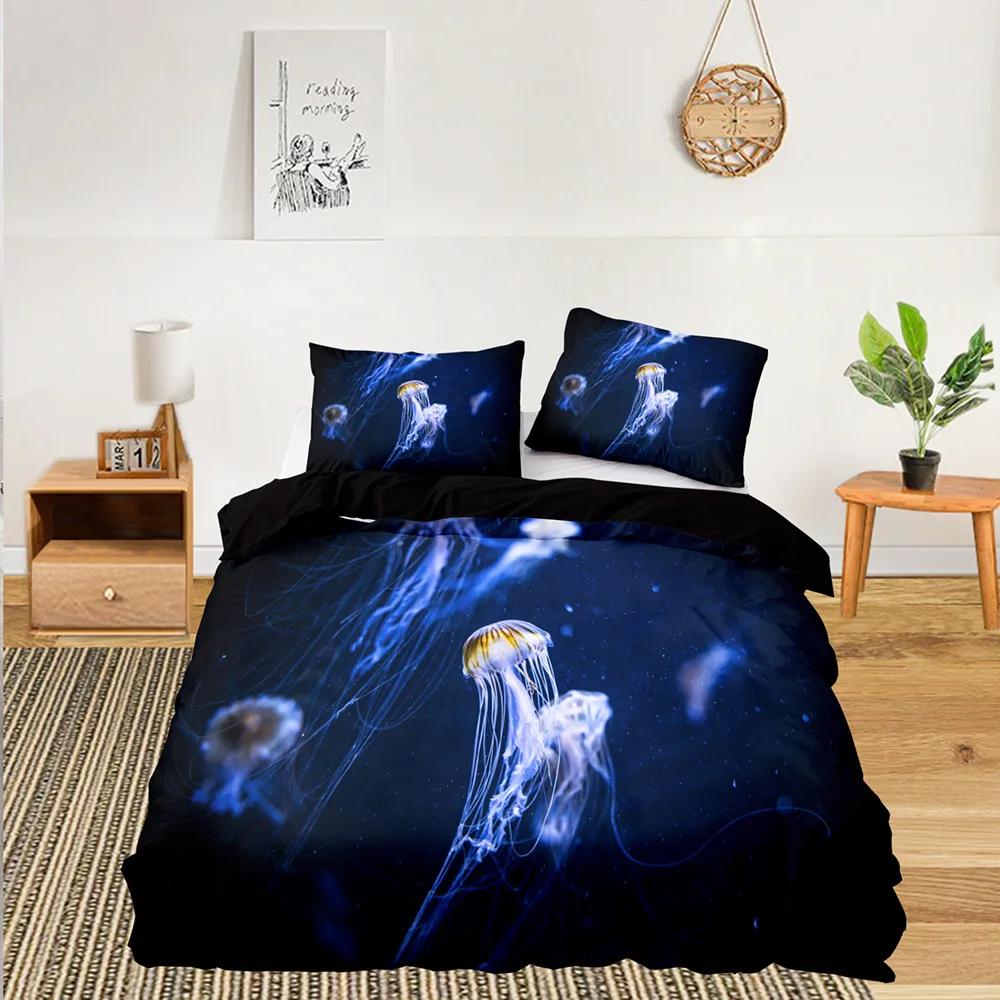 Huse de pilotă decorative cu meduze colorate, mărime King/Queen, Huse de plapumă cu animale subacvatice, Huse de cuvertură cu tematică marină pentru copii și adolescenți