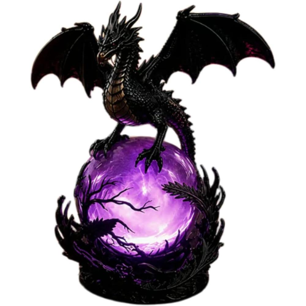 Gothic Dragon LED Crystal Ball Lamp for Dark Aesthetic Decor, Fantasy Resin Dragon Night Light, Witchy Table Lamp, USB Powered Mystic Orb Light