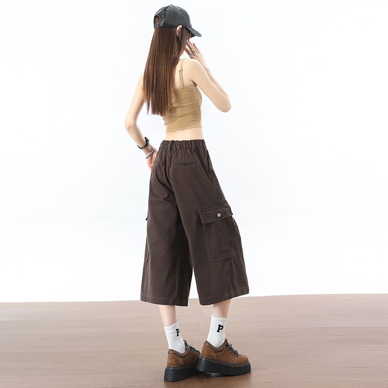 Fashion Summer Back Elastic Waist Brown Cropped Capri Cargo Wide Leg Pants For Women Trendy Versatile Loose Straight Slimming Daily Trousers