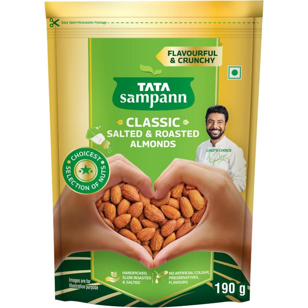 Tata Sampann Classic Salted & Roasted Almonds/Badam, Flavourful & Crunchy Snack, Handpicked, Salted & Slow Roasted Almonds, Rich In Protein, Magn