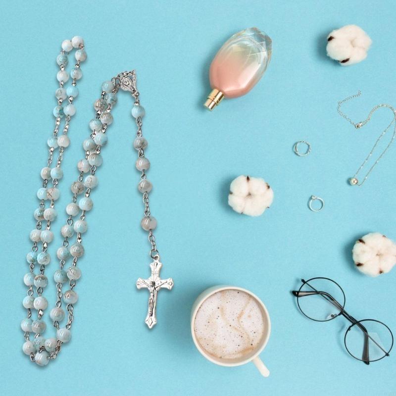 62KD Katolske Merker Perler Rosenkrans Halskjede Krusifikser Religiøs Kjede Kirke Bønn Anheng Smykker for Kvinners Dåp Gave