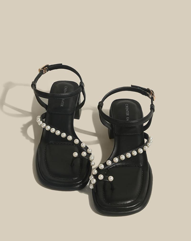 Sandals for Woman Flip-flops Women's Shoes Chunky Summer 2024 Block Heel Footwear with Medium Heels Rhinestones Thick Beige Sale