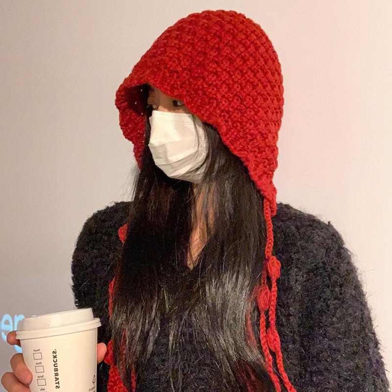 Handmade Fringed Ball Red Knitted Wool Hat Thermal Bald Hat Winter Ear Protector Tied Hat Trendy Hat Children