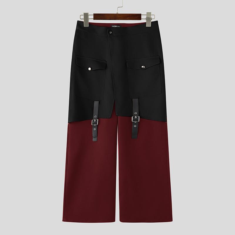 

INCERUN Men High Wrap Waist Patchwork Zip-up Casual Loose Long Wide Legs Pants Trousers 5XL вино красного
