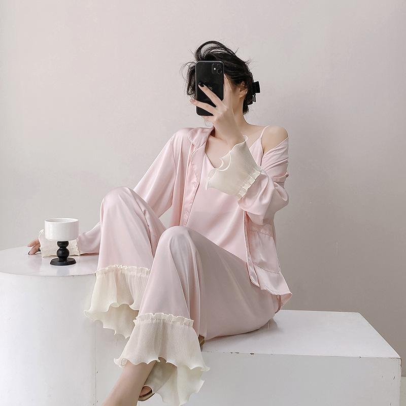 1011 New Sweet Wind Ice Silk Women's Pajamas Ruffle Edge High-end Ice and Snow Silk Long-sleeved Loungewear Set