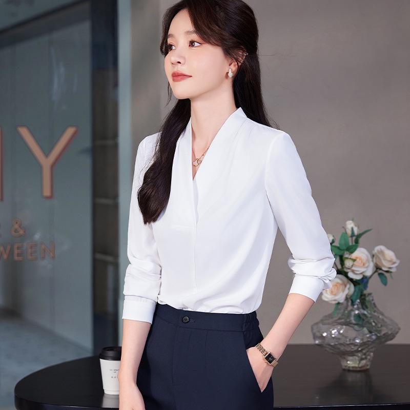 Women's Wrinkle-Resistant Chiffon V-Neck Long-Sleeve Shirt - Collarless White Workwear Top for Autumn