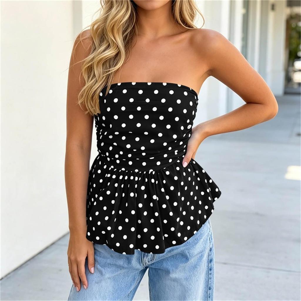 Women Strapless Polka Dot Tube Top Summer Casual Sleeveless Peplum Blouse Lightweight Breathable Fabric Slim Fit