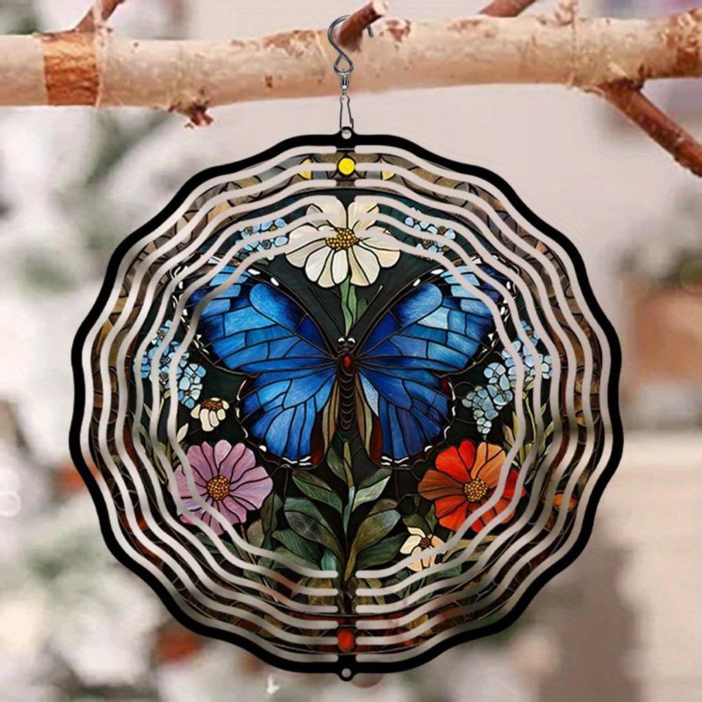 Blauer Schmetterling Floral Metall Windspiel Außengartendekor Rotierend Windbetrieben Kein Strom Naturfreunde Geschenk Terrasse Hof Dekoration