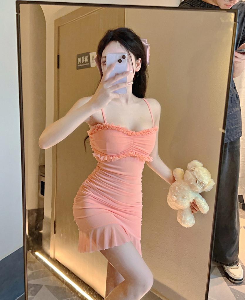 Summer women's clothing low-cut v-neck mesh hip-wrapped short skirt, sexy temperament and thin tube top suspender dress