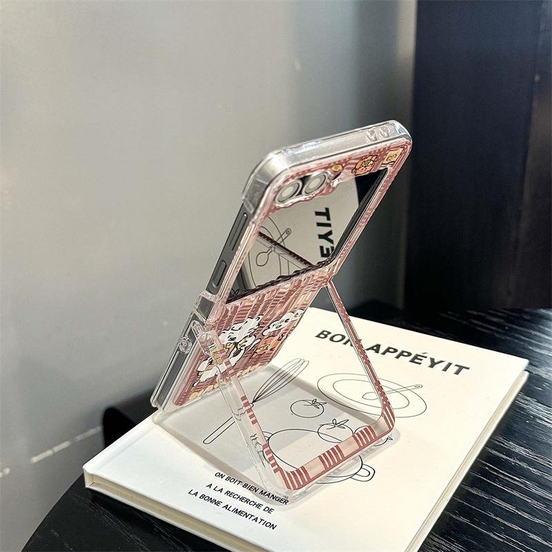 Korean Cute Cat Puppy Phone Case For Samsung Galaxy Z Flip 6 5 4 3 Cover with Chain Stand Holder Kawaii Cartoon Hard Cases Flip6