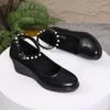 Elegant Ladies Pearl Ankle Strap Wedge Shoes for Women Autumn 2025 Black Pu Leather Office Pumps Woman Comfort Soft Mary Janes
