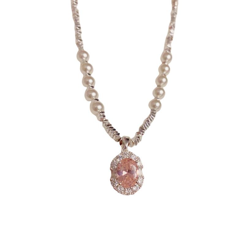 Pink Zircon Pendant Broken Silver Pearl Fashion Clavicle Chain Necklace