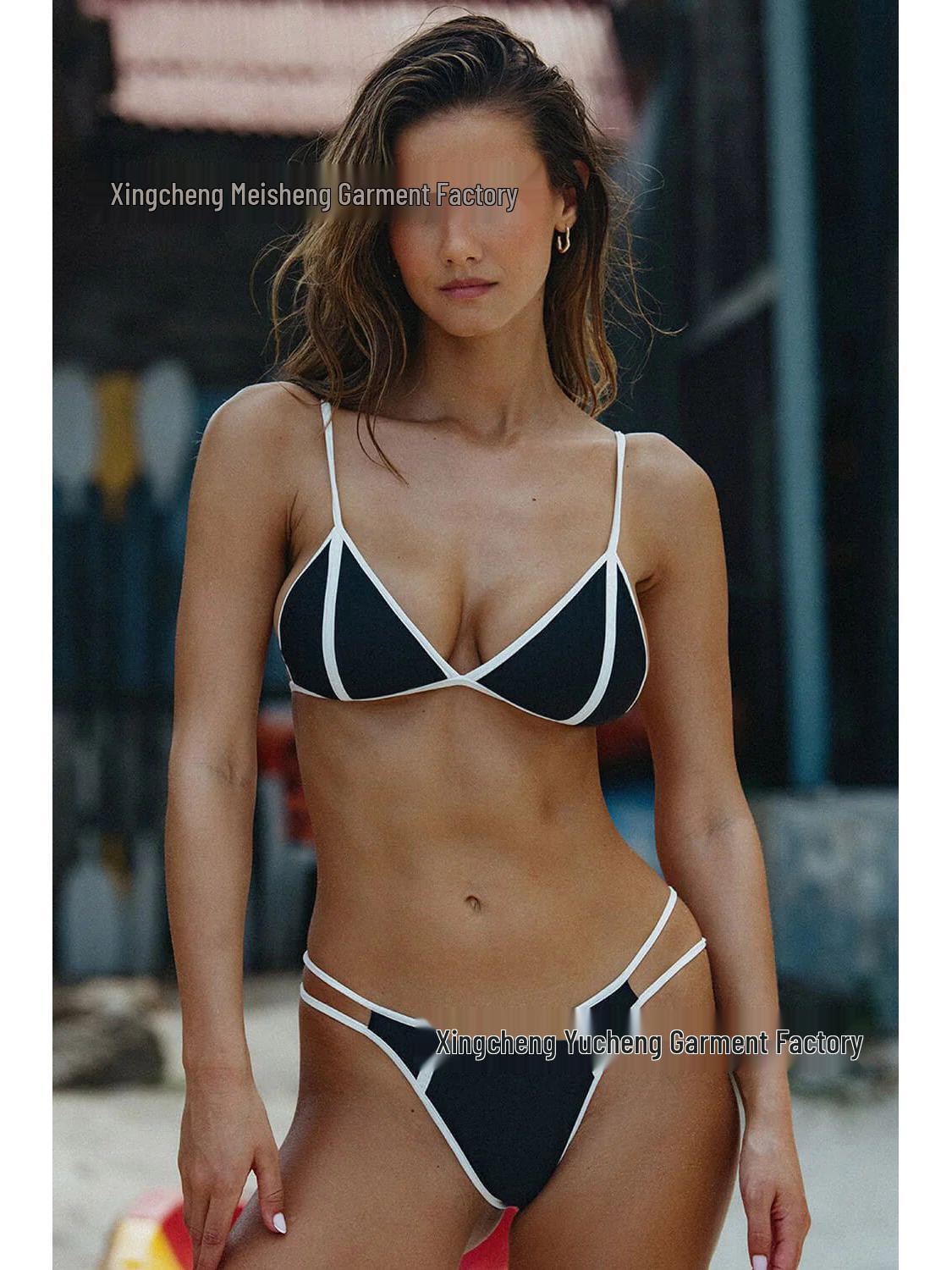 

2025 Европейский и Американский Стиль Черно-Белый Комплект Бикини с Заниженной Талией Medium чёрный