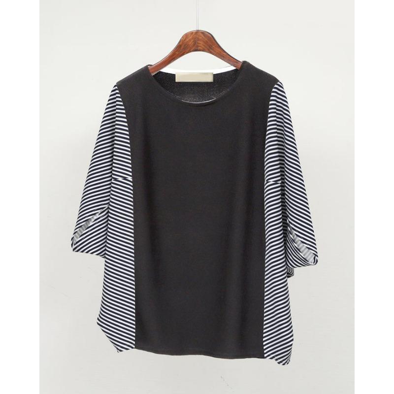 Yaz Kadın Bol Büyük Beden Kısa Kollu Üst Yuvarlak Yaka Renk Bloklu Yarasa Kollu Tişört