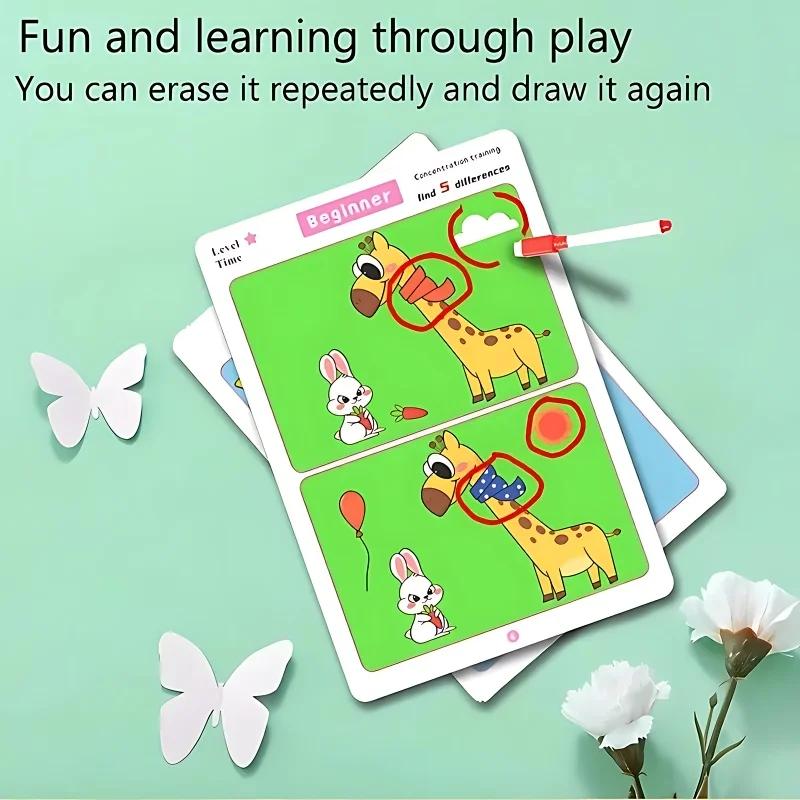 Fun Concentration Training Game for Kid Find The Differences in The Pictures That Can Be Erased Puzzle Board Game Card