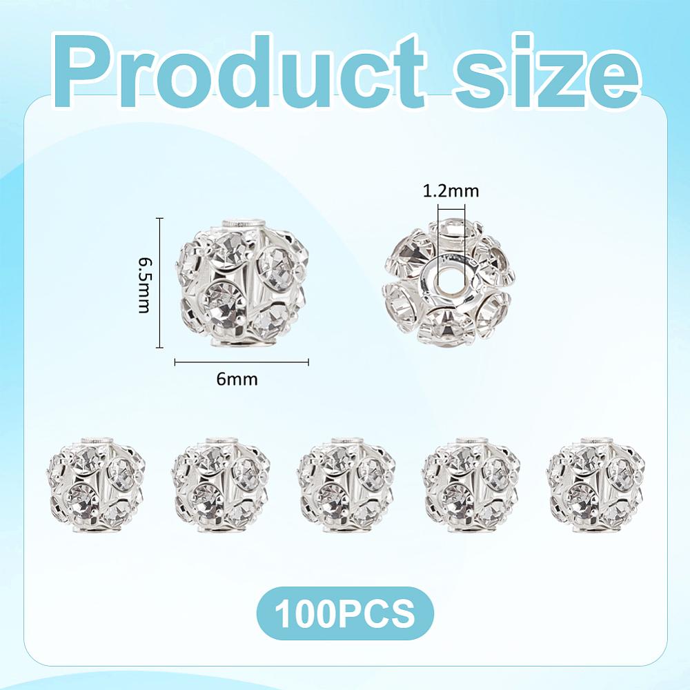 100Pcs Brass Rhinestone Beads, Round, Silver, 6x6.5mm, Hole: 1.2mm