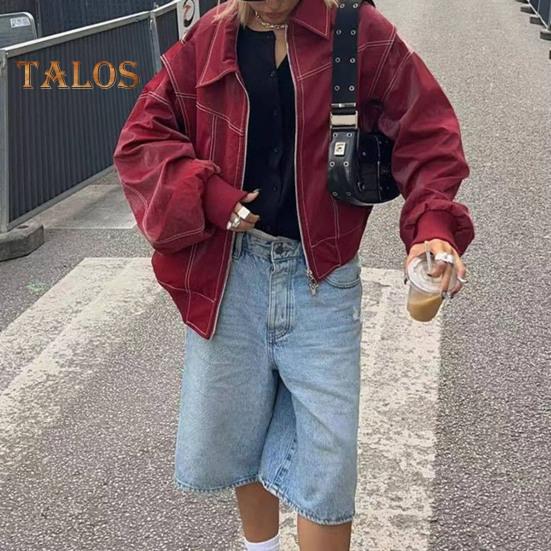 Lady Retro Coat Pure Color Turn-down Collar Zipper Closure Elastic Cuff And Hem Faux Leather Motocycle Jacket Outdoor Travel Coat