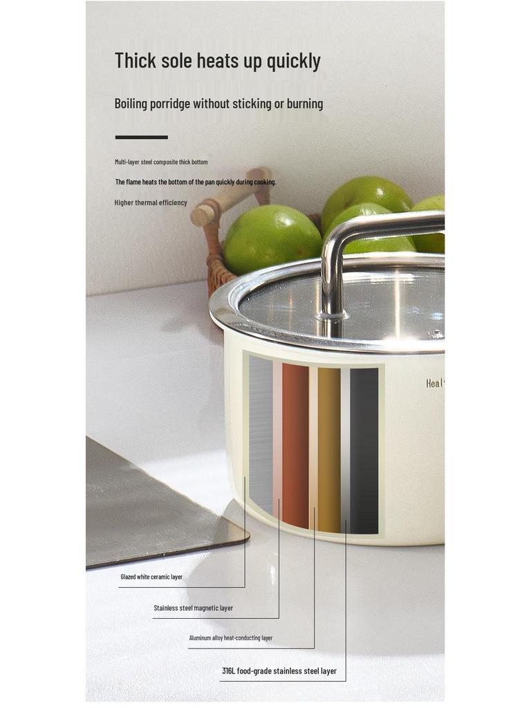 Xunshun 316L Stainless Steel Non-Stick Baby Food Pot, Ceramic Milk & Noodle Soup Pot, Extra Thick for One-Person Cooking.