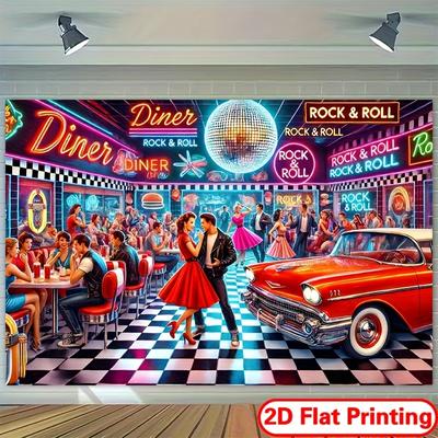 Retro Rock N Roll Diner Dance Tapestry 50s Car Neon Sign Disco Ball Wall Decor for Game Room Bar Music Lover Vintage American