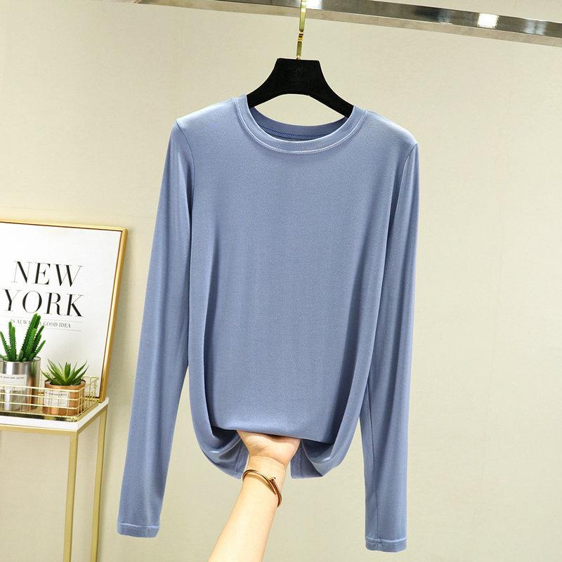 Women's Crew Neck Long Sleeve Tee Slim Fit Commuter Casual Top Solid Color Modal Fabric Stretchy Basic Layering Shirt For Autumn Daily Inner Wear