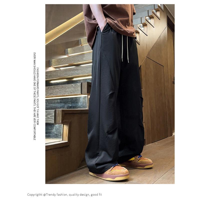 Men's Beige Wide Leg Drawstring Cargo Pants - Oversized Streetwear Baggy Trousers with Pockets