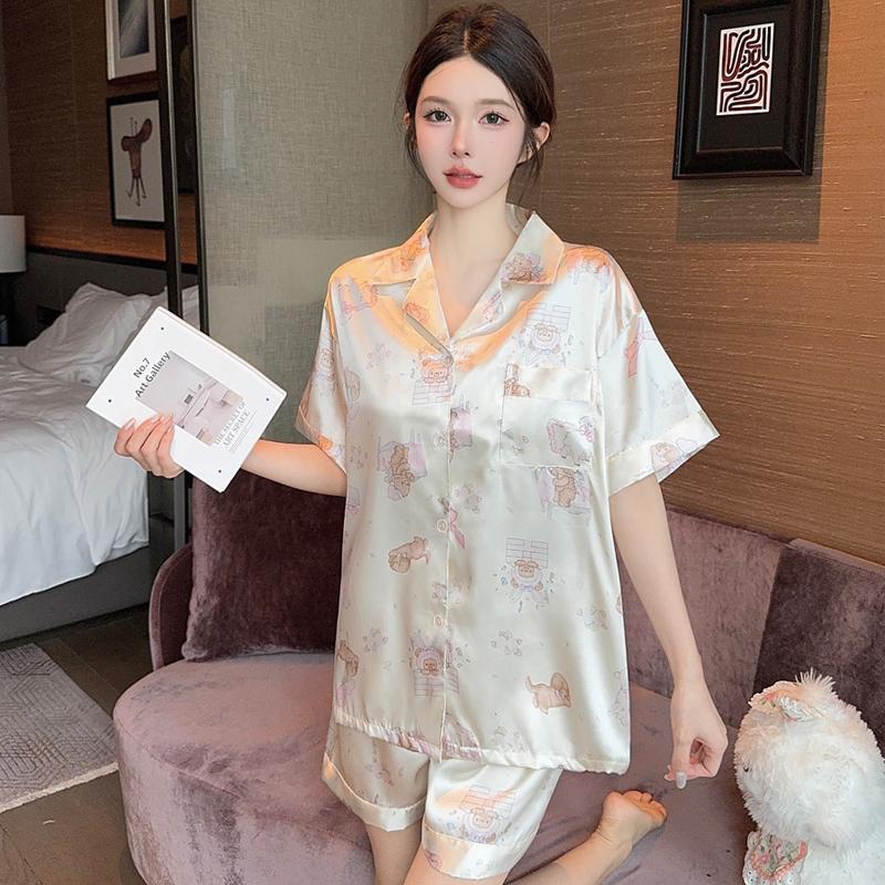 

Летний комплект из 2 предметов для женщин, корейская пижама с коротким рукавом, женская шелковая модная пижама с цветочным принтом, сексуальный атласный пижамный комплект для дома XXL