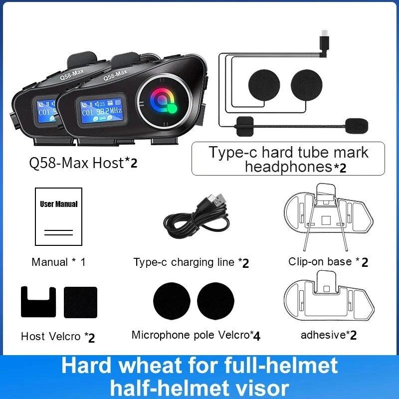 1/2pcs Q58-Max Motorcycle Helmet Intercom Bluetooth Headset LCD Display 2 Riders Music Share with Flashlight 500M Interphone