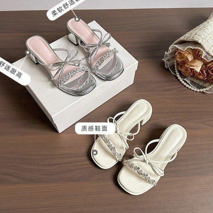 Silver Sandals Women 2025 New Summer Bow French Cool Slippers Wear Thick High Heels Fairy Style Slippers
