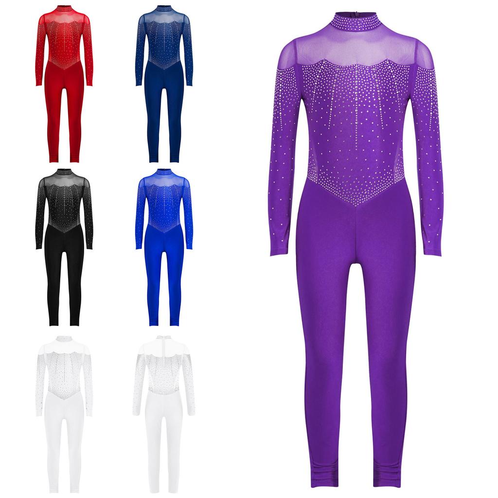Dívčí krasobruslařské body s lesklými kamínky, celotělový trikot s falešným rolákem a dlouhým rukávem, s průsvitnou síťovanou mozaikou