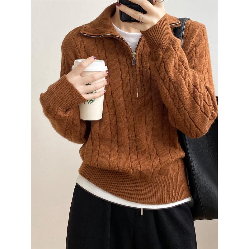 

Lapel Design Zipper Sweater Women s Top Autumn and Winter New Long-sleeved Solid Color Temperament Loose Sweater onesize коричневий