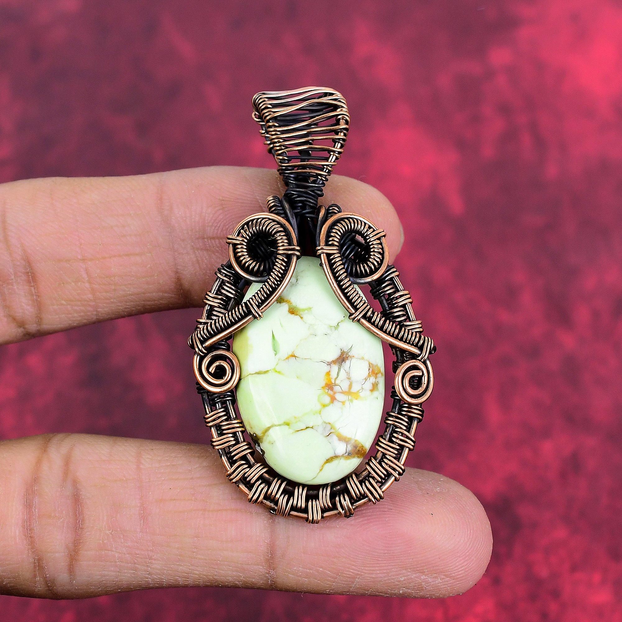 Lemon chrysoprase pendant copper wire wrapped pendant handmade pendant wire weaving jewelry gemstone pendant anniversary gift copper jewelry