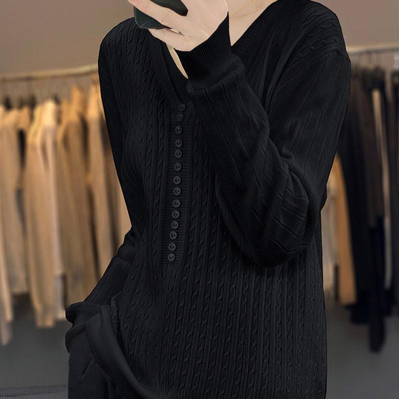 Women Sweaters Pullovers 2025 Autumn Winter Long Sleeve V-Neck Black Knitted Sweater Women Tops Pullover JJ137