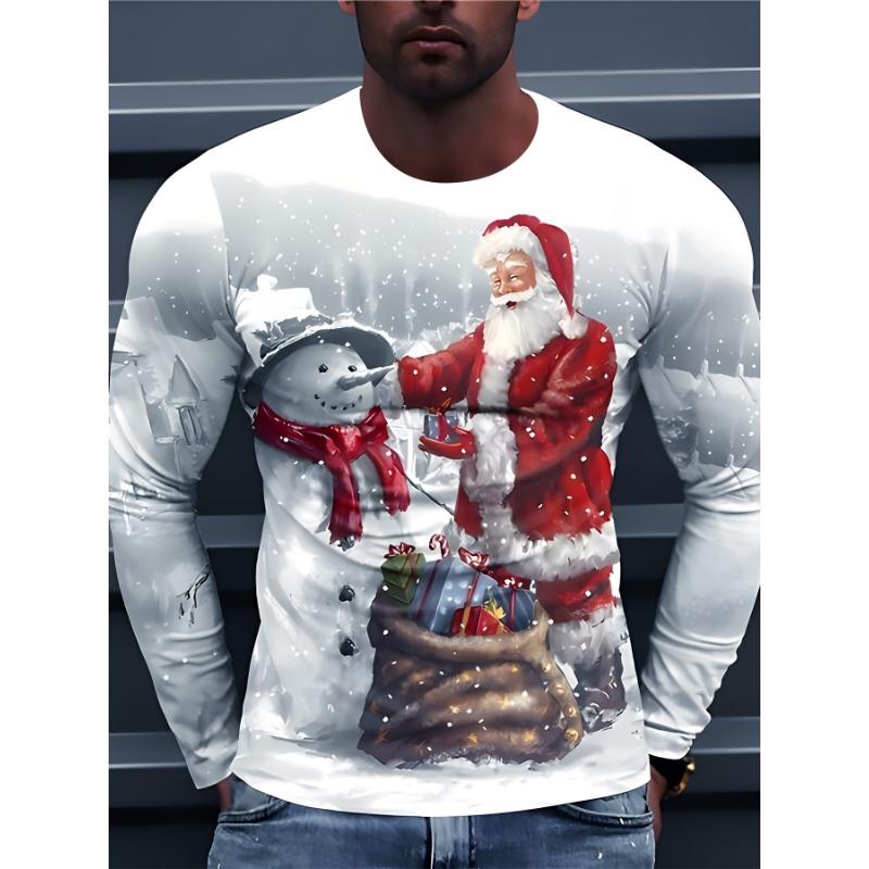 Camisetas de manga larga con estampado 3D de Papá Noel para hombre, camisetas con estampado de Papá Noel para fiesta de Navidad, moda informal para hombre, cuello redondo, manga larga