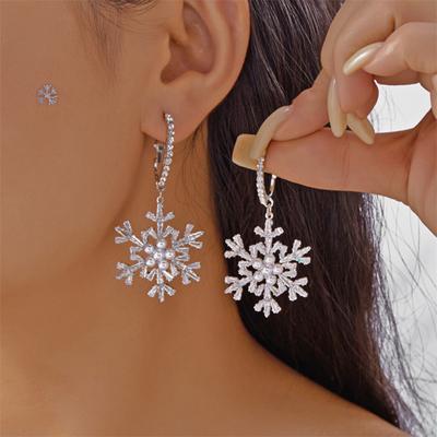 Christmas Shiny Zircon Imitation Pearl Snowflake Drop Earrings Elegant Snow Flower Earrings Holiday Jewelry Gifts For Women Men