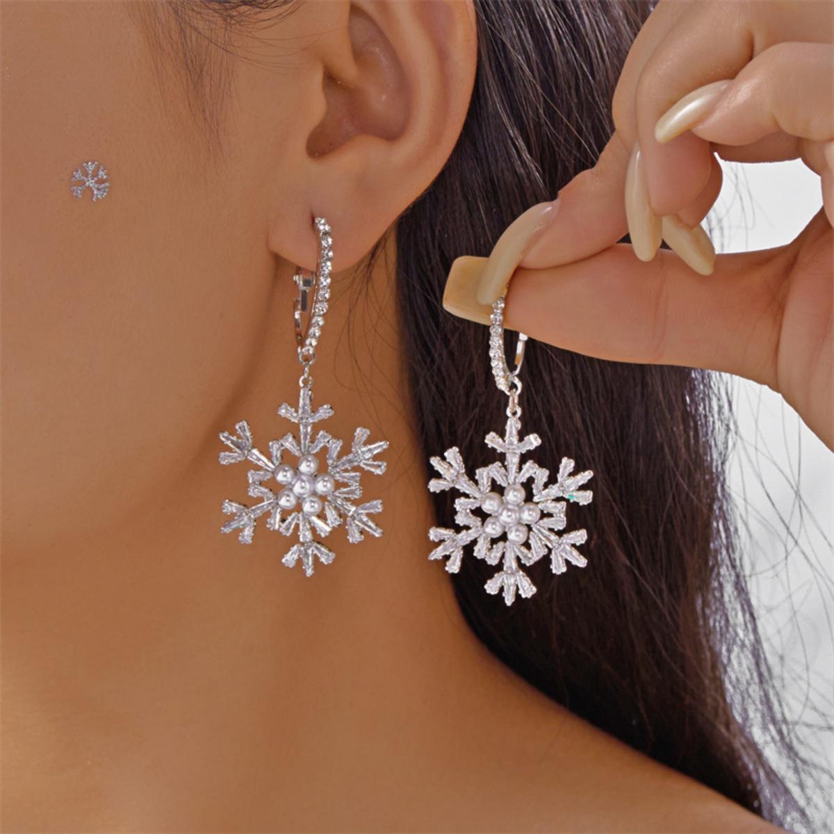 

Christmas Shiny Zircon Imitation Pearl Snowflake Drop Earrings Elegant Snow Flower Earrings Holiday Jewelry Gifts For Women Men