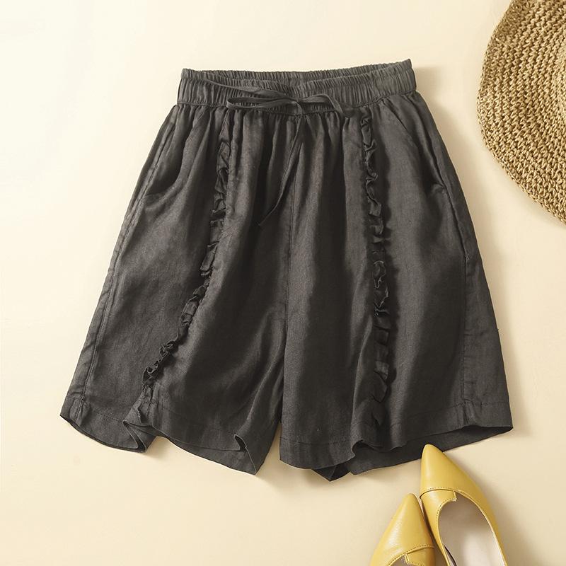 Women's Summer 2024 Retro Cotton Linen Ruffle Wide-Leg Shorts - Casual, Loose Mid-Length.