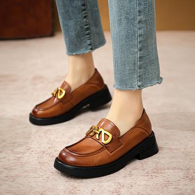 British Style Small Leather Shoes Retro Mary Jane Shoes One-Word Buckle Flat-Soled Single Shoes Women'S Real Leather Shoes