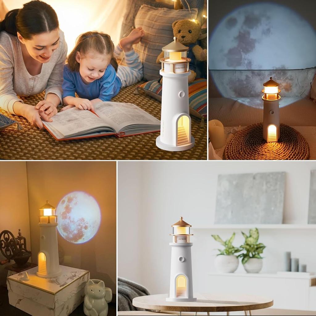Lighthouse Lamp Moon Projector - Cordless Night Light for Nightstand w/ Remote Control, 2700K Warm Light & Moonlight Projection
