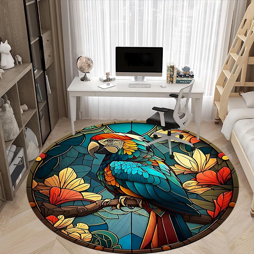 1pc Parrot StainedGlass Office Round Area Rug, Indoor Mat Suitable ForOffice, Under Office Chairs Bedroom Living Room Home Decor, Room Deco D171